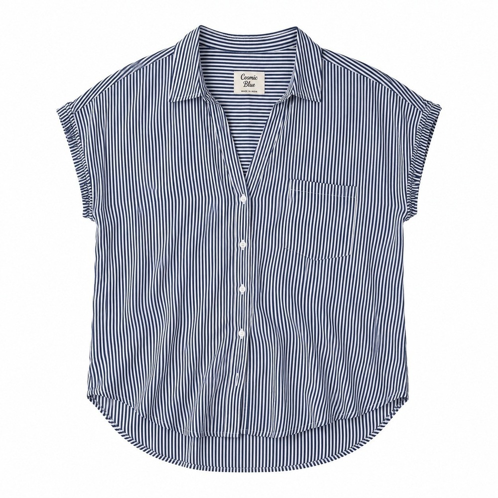 Cosmic Blue Love Womens 3X Striped Button Down Shirt Navy White Rayon NWT